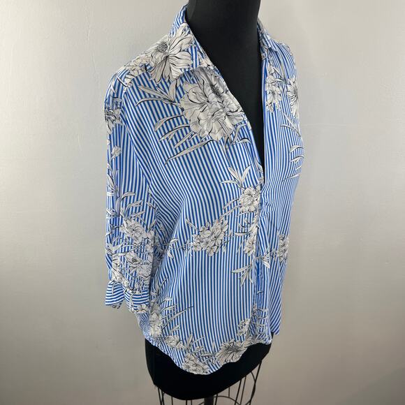 ZARA Blue White S Blouse Striped Floral 3/4 Sleeve Button Up Collar Regular Fit - Picture 4 of 7